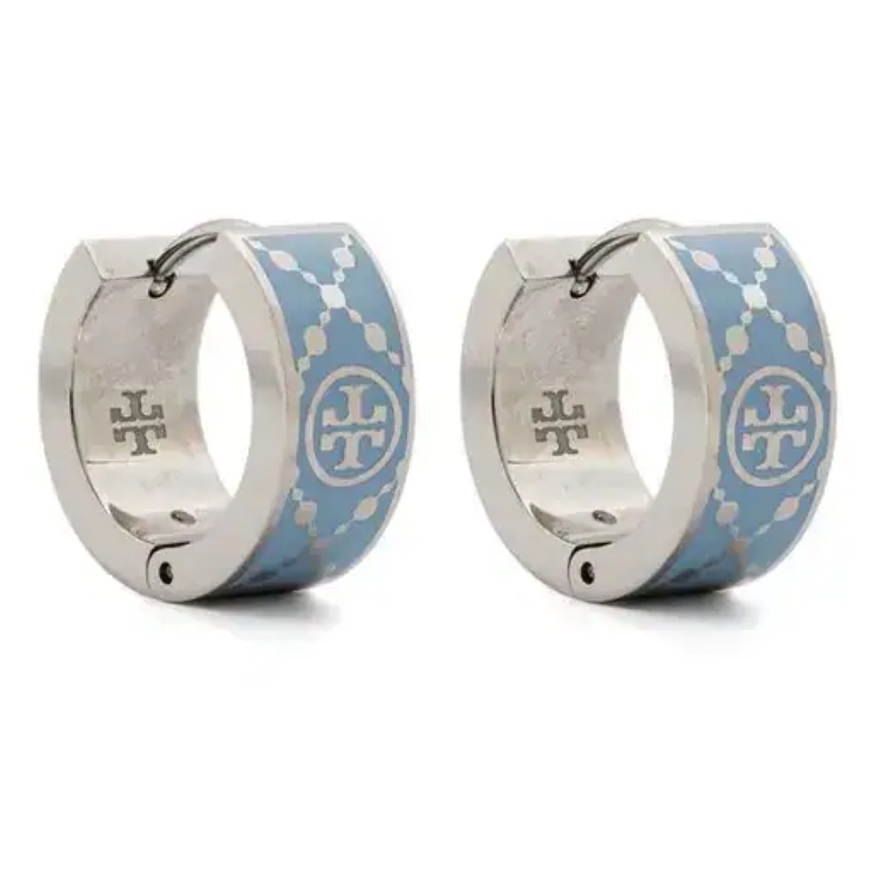 TORY BURCH • Blue Small Icon T Monogram Chunky Hoop Huggie Earrings Includes Bag